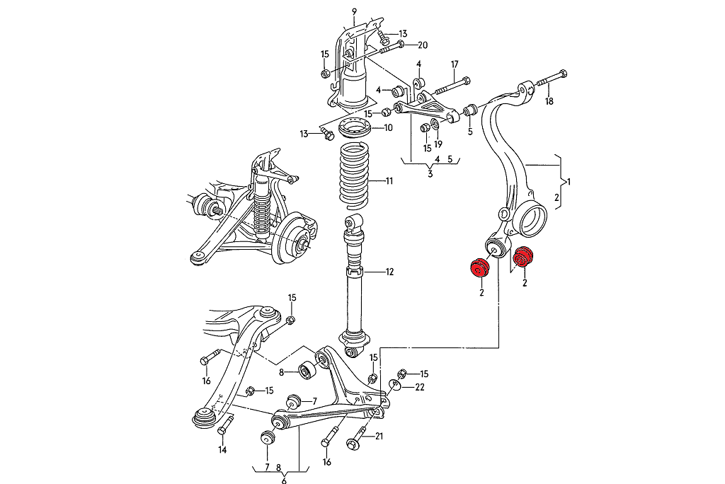 Audi B4 / B5 rear bottom bushes for wheel bearing housing (street hardness)